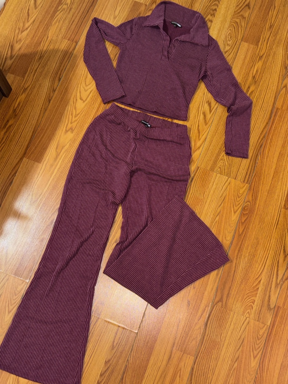 Fashion Nova Burgundy Ribbed Collared Crop Top & Flare Pants Set